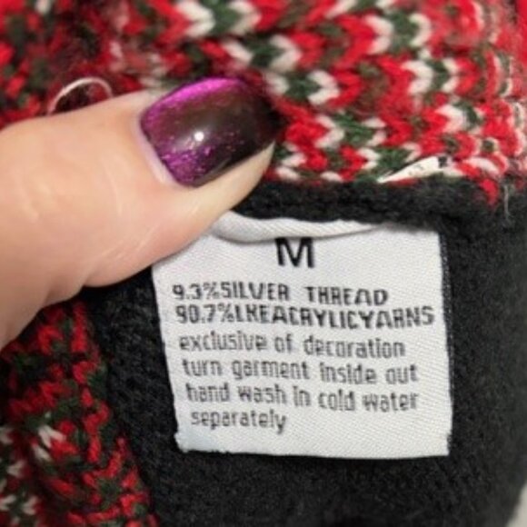 Holiday Sweater Dress Medium Christmas Bear Tree Gifts Silver Thread Preowned - Picture 3 of 3